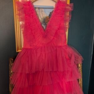 MARBLE Bright Pink Tiered Tulle Dress